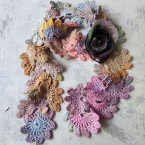 Boho Concept Handcrafted Wool Hand Knited Artisan Scarf Larrge Floral Pin Brooch